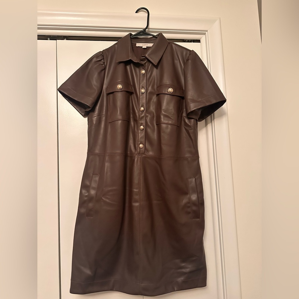 Ann Taylor Loft Brown Faux Leather Shirt Dress with Button